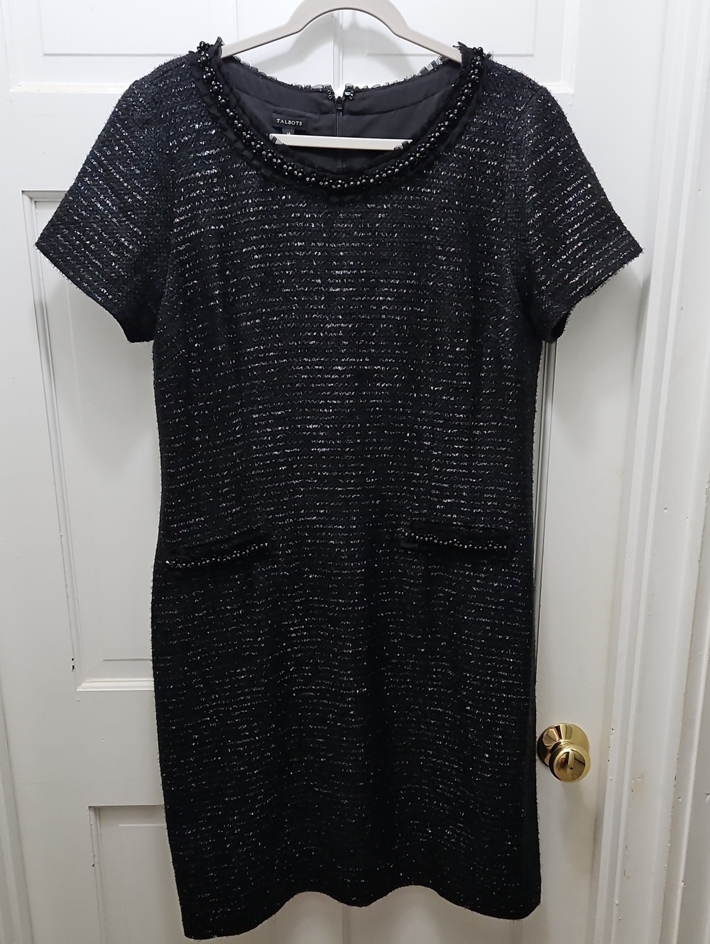 Talbots Black Tweed Short-Sleeve Shift Dress with Beaded Neckline